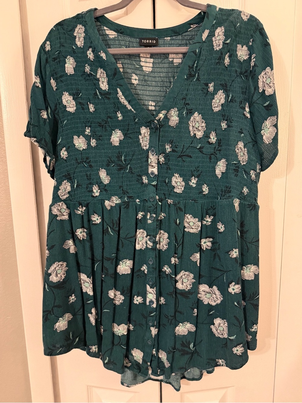 torrid Teal Floral Button-Front V-Neck Peplum Top